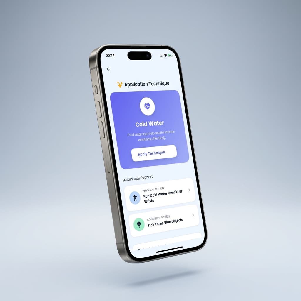 QuitSmokeMate Crisis Support screen showing AI-recommended quit smoking techniques like Cold Water therapy and cognitive exercises