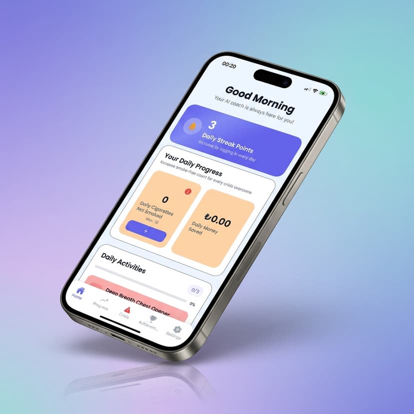 QuitSmokeMate App Dashboard showing quit smoking progress, smoke-free streak, puff counter, and AI analysis